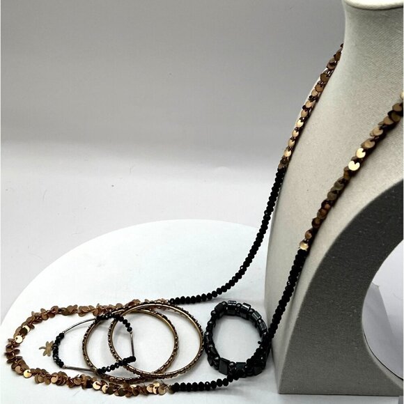 Gold & Black Beaded Jewelry Set: Layered Necklace 2  Bangles & 2 Bracelets. - Picture 5 of 10